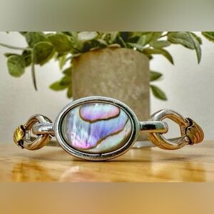 Vintage Avon Two-Tone Abalone Bangle Cuff Bracelet Gold and Silver Tone